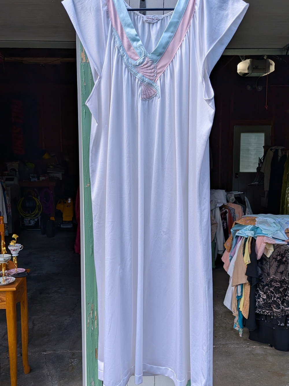 Vintage Vanity Fair White Nightgown Size L Pastel Trim Made USA